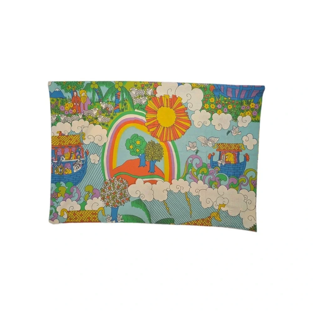 Vintage 1970s Sears Noah's Ark Psychedelic Mod Colorful Retro Pillow Case STD